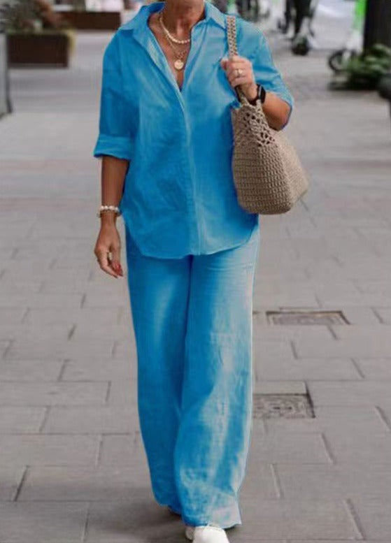 Denice™ Elegant Casual Two Piece Set | Relaxed Button-Up Top and Wide-Leg Trousers