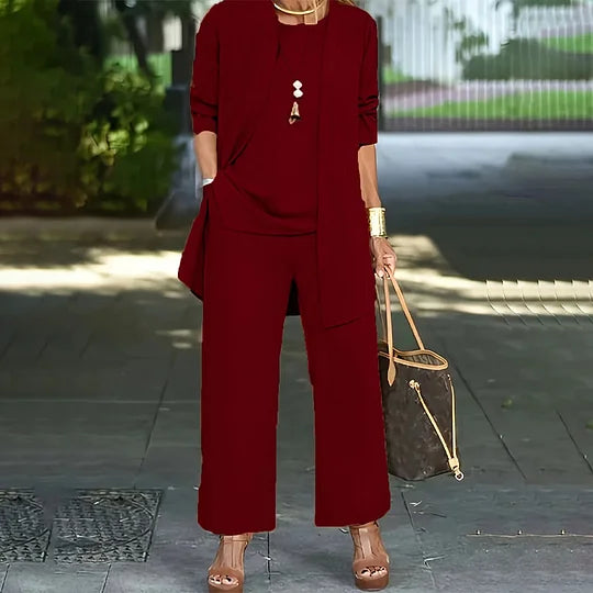 Laney™ Elegant Casual Three-Piece Set | Coordinated Top, Cardigan & Wide-Leg Trousers