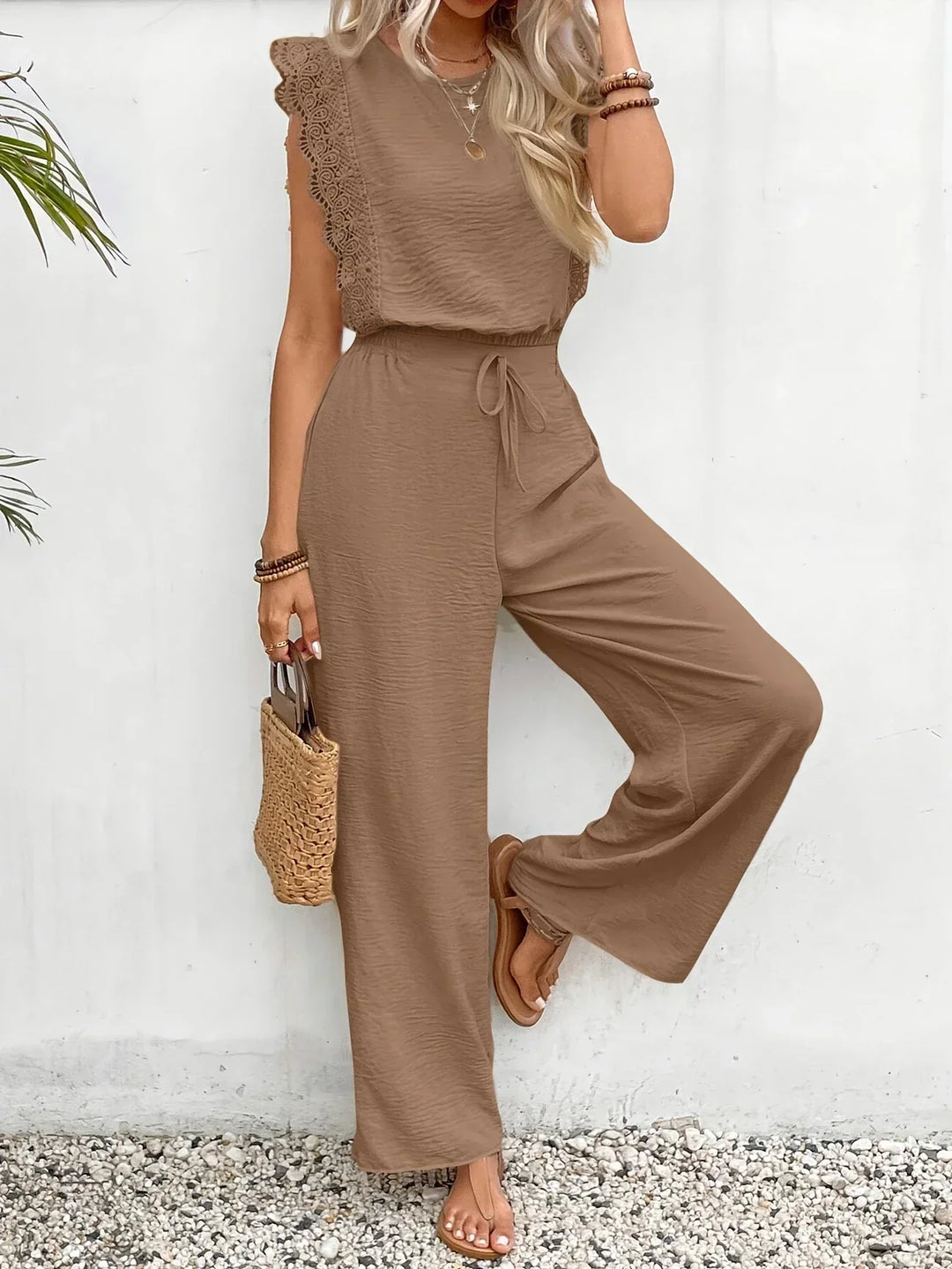 Zella™ Elegant Two-Piece Set | Lace-Trimmed Top and Wide-Leg Trousers