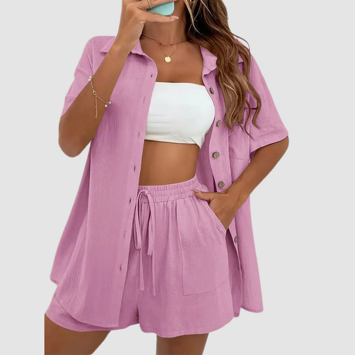 Frances™ Elegant Summer Two Piece Set | Short-Sleeve Button-Up Top and Drawstring Shorts