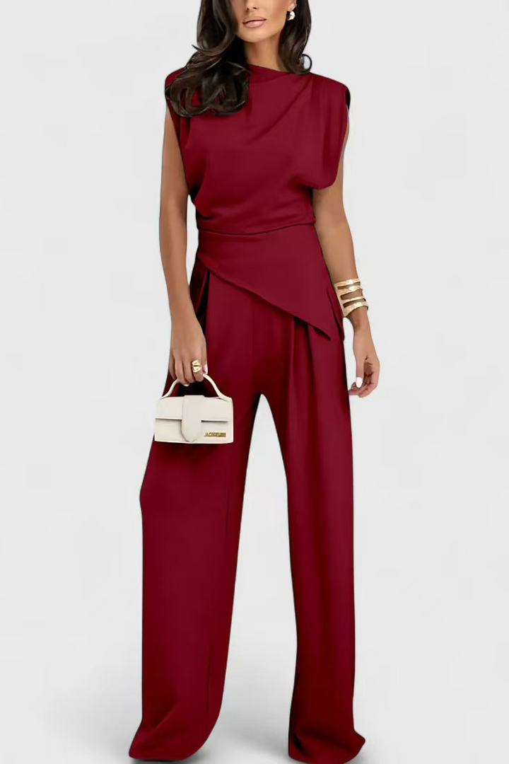 Diann™ Elegant Two-Piece Set | Draped Top and Wide-Leg Trousers