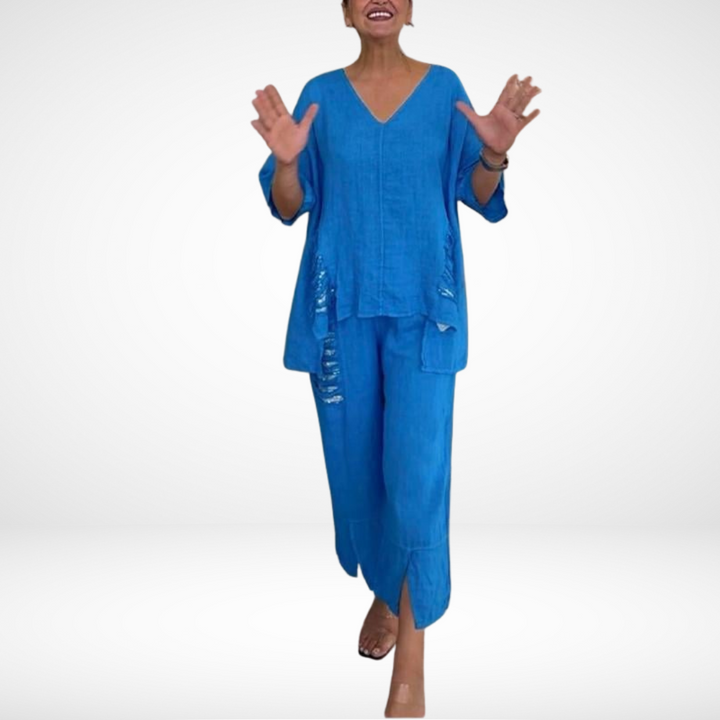 Briella™ Elegant Two-Piece Summer Set | V-Neck Top and Wide-Leg Pants