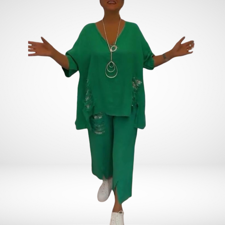 Briella™ Elegant Two-Piece Summer Set | V-Neck Top and Wide-Leg Pants