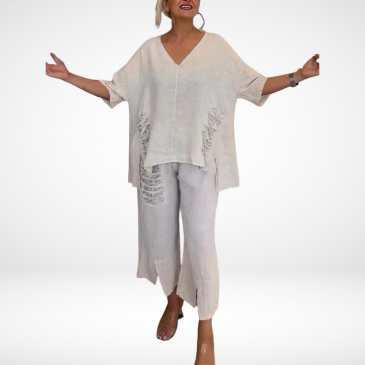 Briella™ Elegant Two-Piece Summer Set | V-Neck Top and Wide-Leg Pants