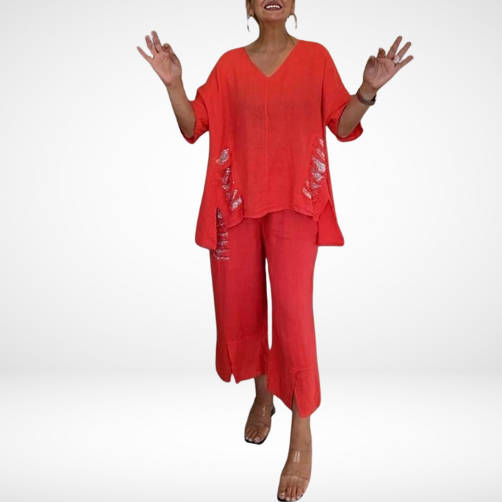 Briella™ Elegant Two-Piece Summer Set | V-Neck Top and Wide-Leg Pants
