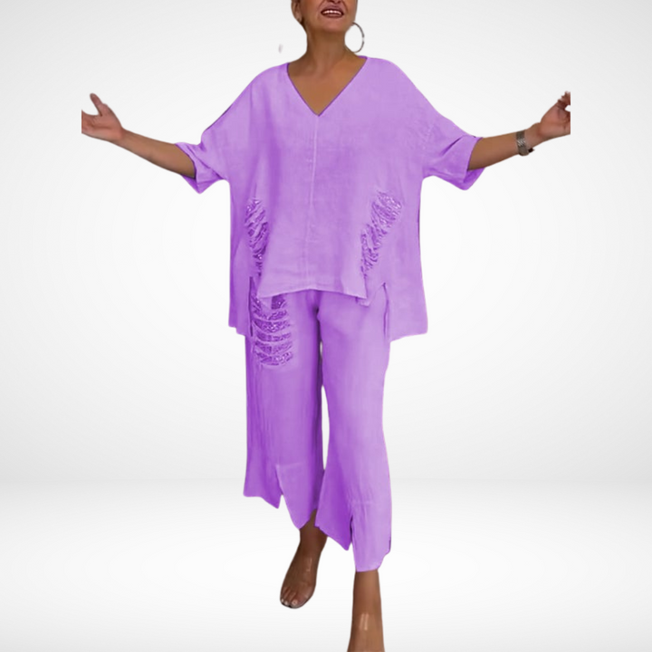 Briella™ Elegant Two-Piece Summer Set | V-Neck Top and Wide-Leg Pants