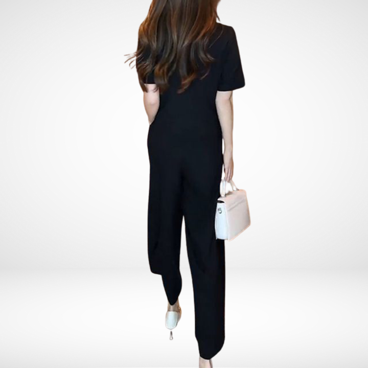 Elsie™ Elegant Short-Sleeve Two-Piece Set | V-Neck Top and Wide-Leg Pants