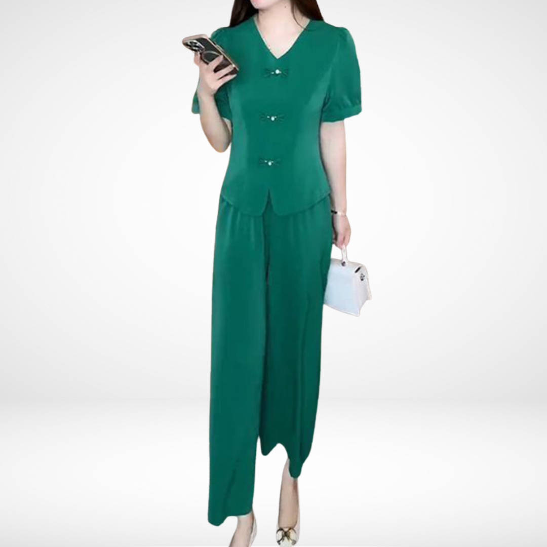 Elsie™ Elegant Short-Sleeve Two-Piece Set | V-Neck Top and Wide-Leg Pants