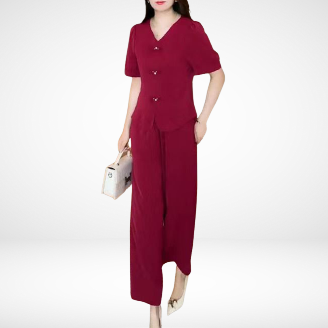 Elsie™ Elegant Short-Sleeve Two-Piece Set | V-Neck Top and Wide-Leg Pants