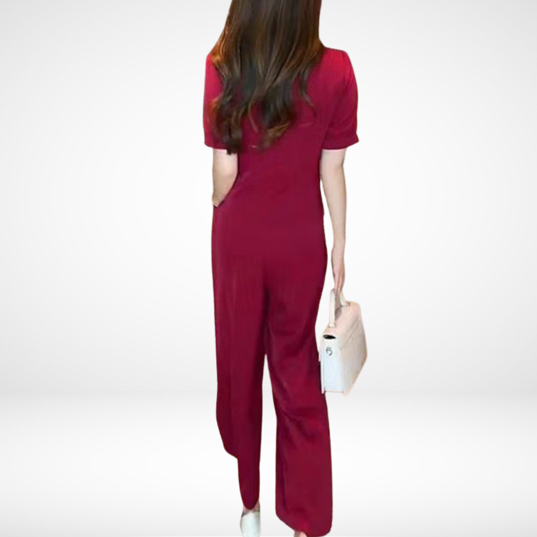 Elsie™ Elegant Short-Sleeve Two-Piece Set | V-Neck Top and Wide-Leg Pants