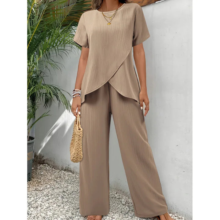 Lorrina™ Elegant Soft Two-Piece Set | Asymmetrical Blouse and Relaxed Pants