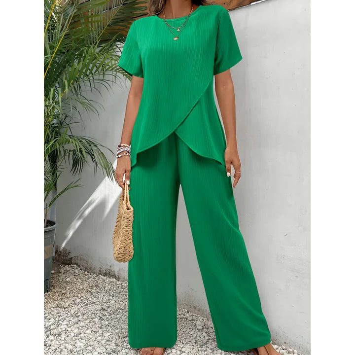 Lorrina™ Elegant Soft Two-Piece Set | Asymmetrical Blouse and Relaxed Pants