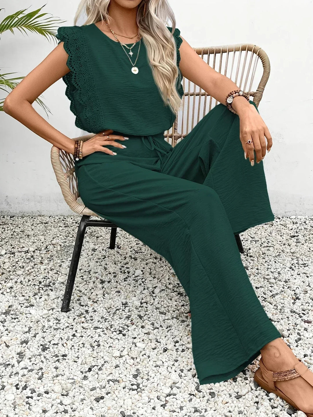 Zella™ Elegant Two-Piece Set | Lace-Trimmed Top and Wide-Leg Trousers