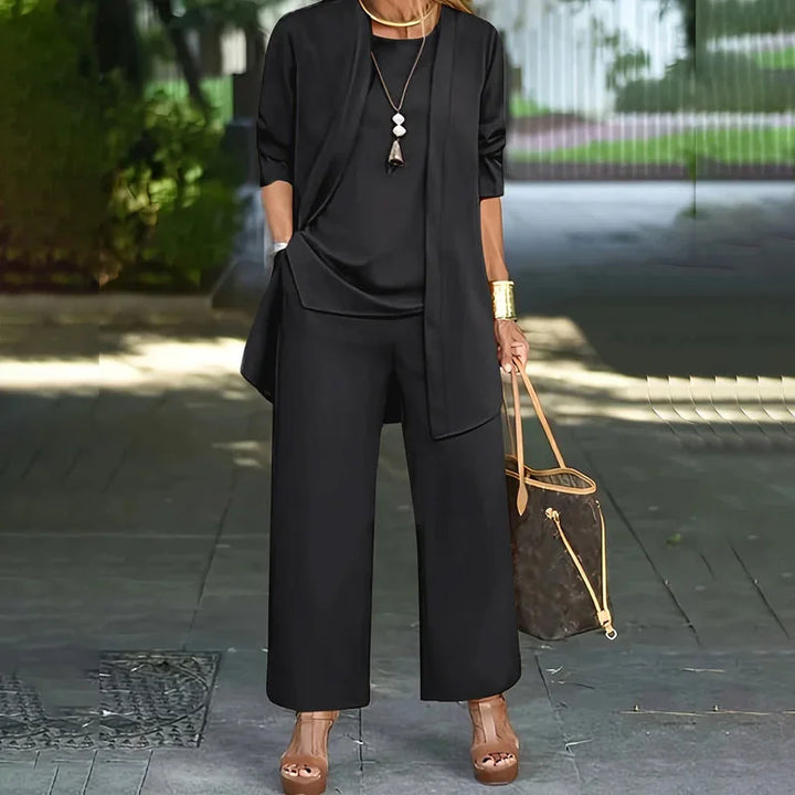 Laney™ Elegant Casual Three-Piece Set | Coordinated Top, Cardigan & Wide-Leg Trousers