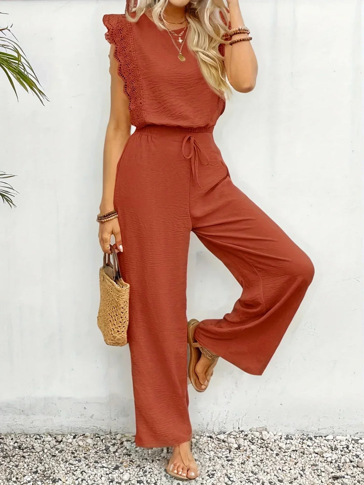 Zella™ Elegant Two-Piece Set | Lace-Trimmed Top and Wide-Leg Trousers