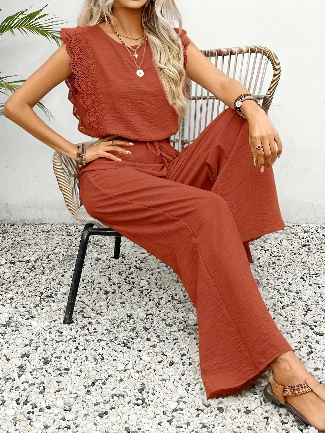 Zella™ Elegant Two-Piece Set | Lace-Trimmed Top and Wide-Leg Trousers