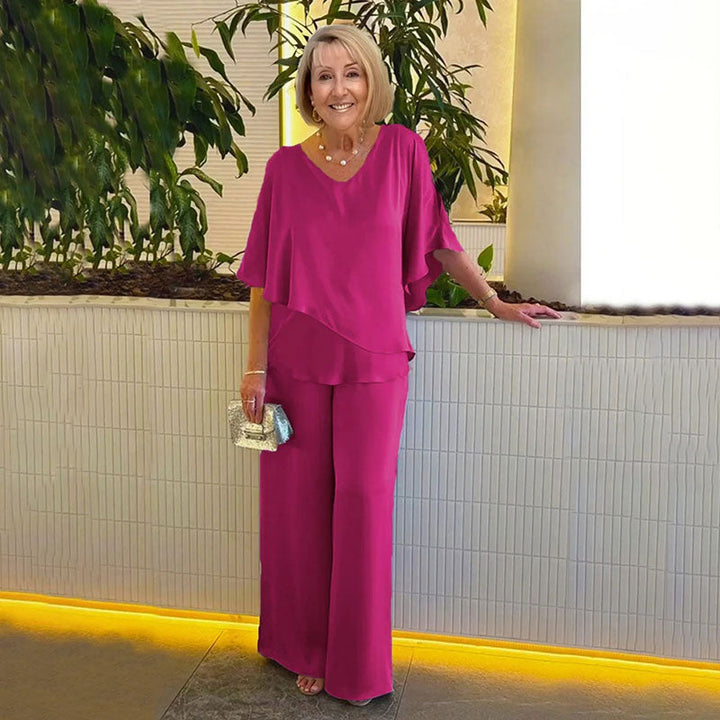 Sarina™ Elegant Two-Piece Set | V-Neck Top and Relaxed Trousers