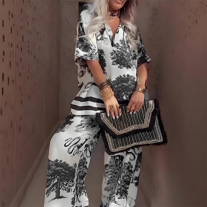 Linette™ Printed V-Neck Top &amp; Long Pants | Two-Piece Relaxed Set